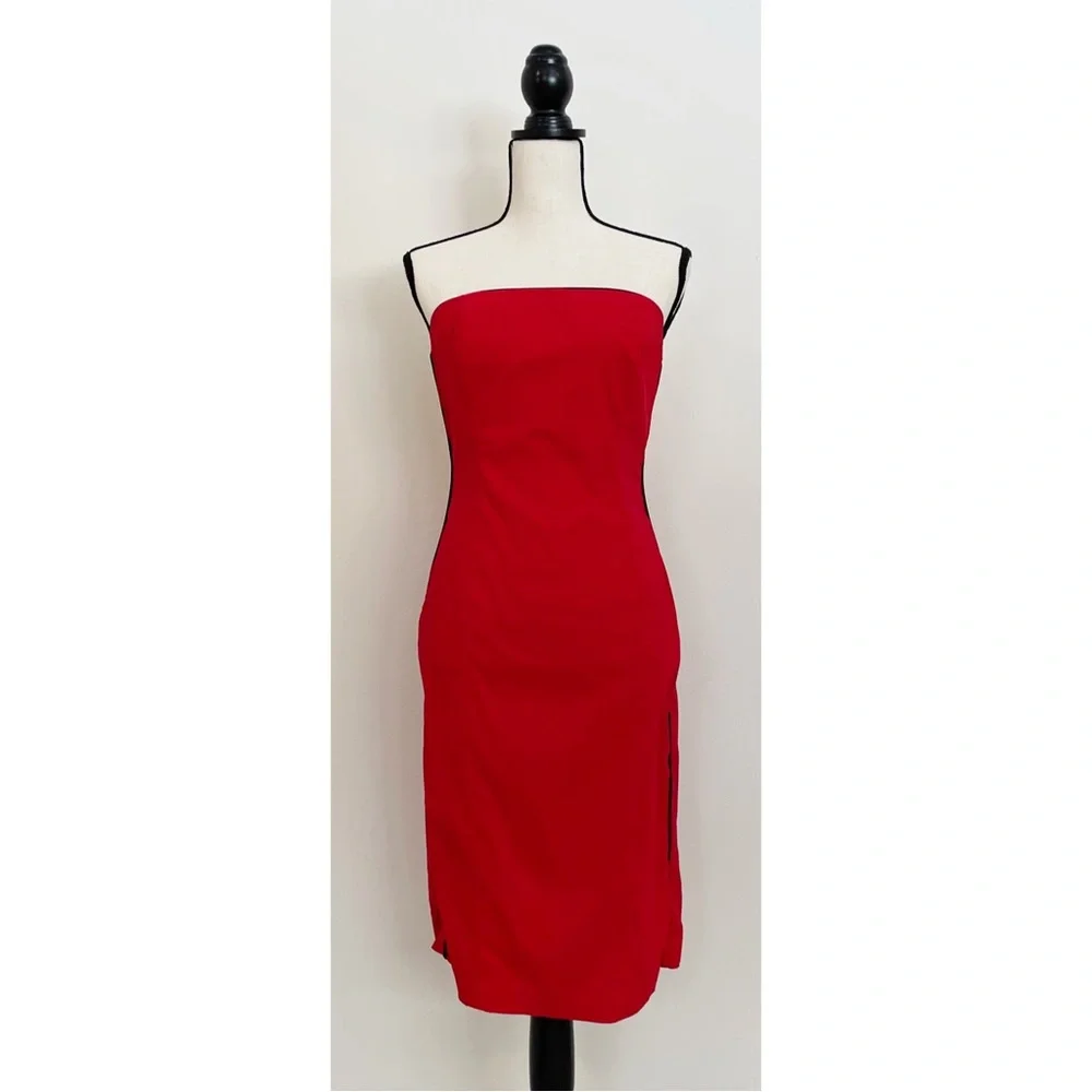 SOLD :: Vintage Y2K Strapless Racing Stripe Red Dress - Picture 4 of 6